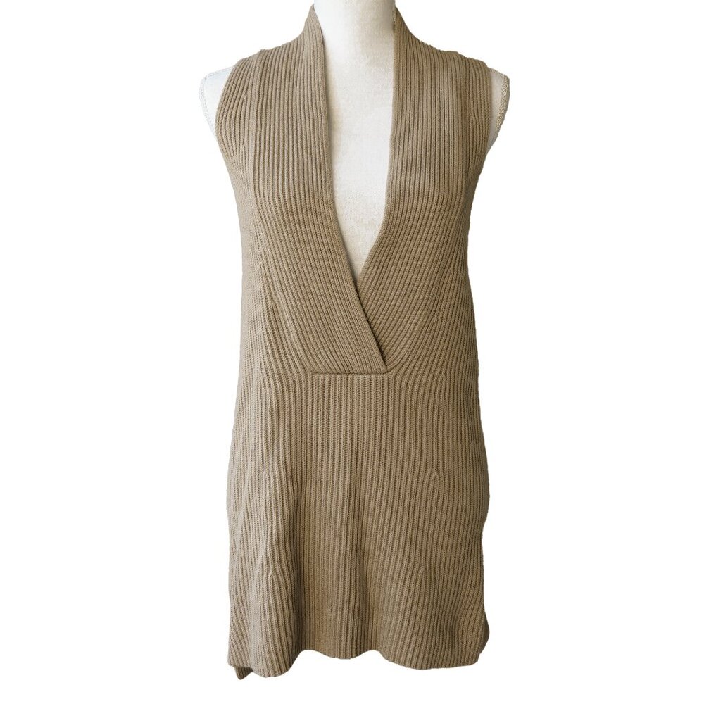 Ann Taylor Sweater Vest Tan Brown Wool Rib Knit Long Tunic Sleeveless Pullover